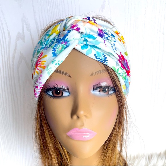 Bright Floral Print Jersy Knit WideTwisted Headband, Spring Headwraps - Picture 3 of 7